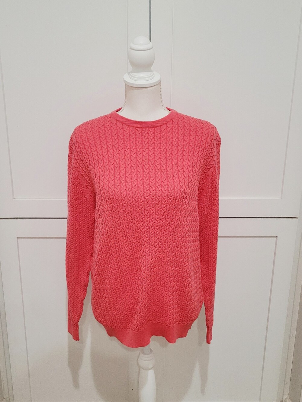 Lands' End 100% Cotton Coral Cable Knit Crewneck Sweater | Size Large